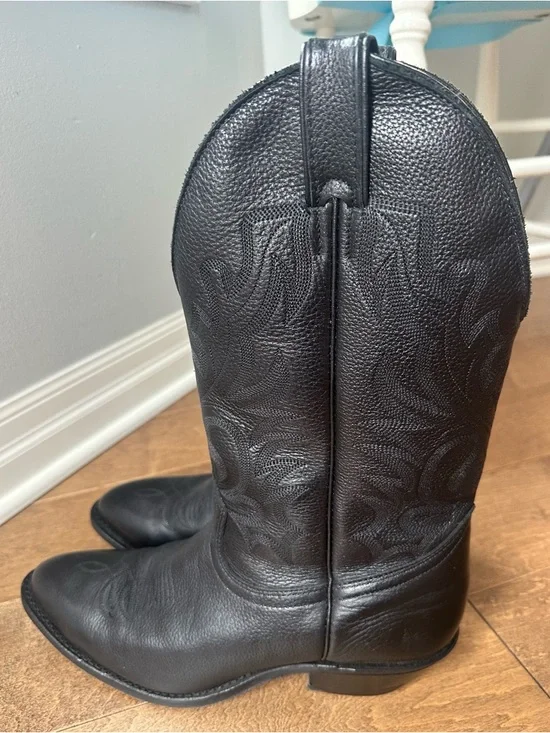 Men's Black Leather Western Cowboy Boots - Classic Pull-On Style - Picture 3 of 10
